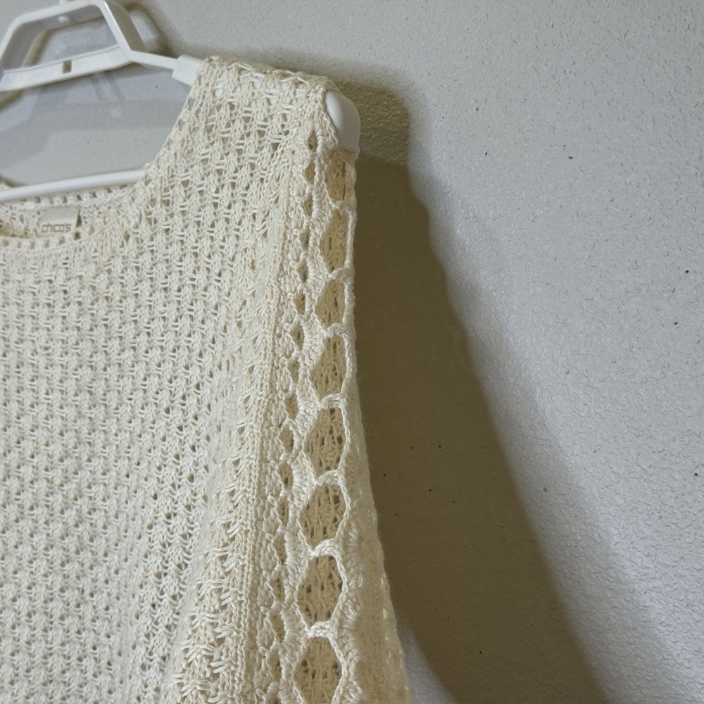Chico's Open Knit Sweater Womens Size 1 Off White 3/4 Sleeve Round Neck Pullover - Picture 2 of 8